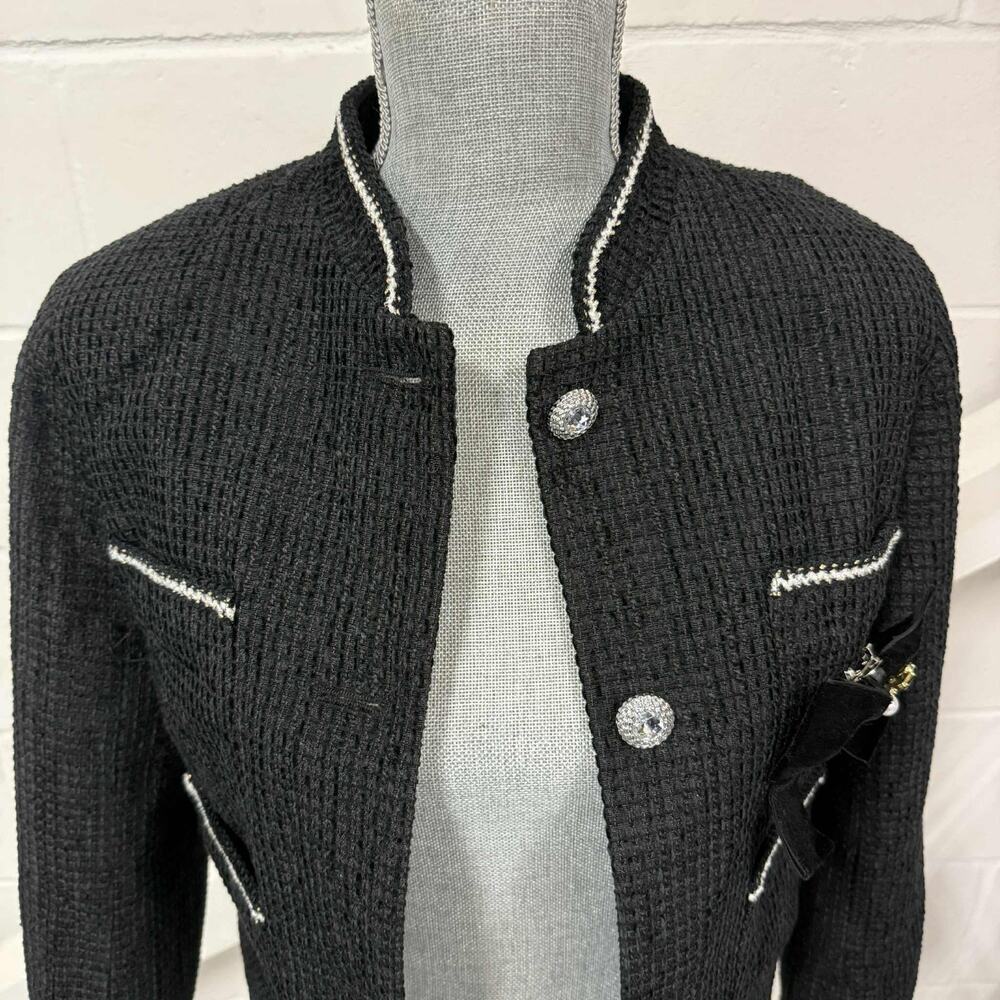 Avec Les Filles Tweed Crop Jacket Career Black Velvet Bow Trim Women’s Small NWT - Picture 7 of 16